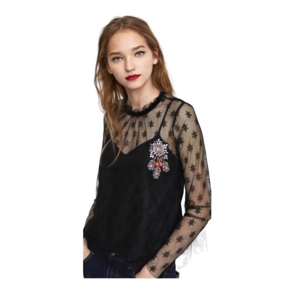 Zara XS Small Black Star Lace Top with Brooch - Picture 1 of 10